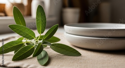 Fresh sage leaves on a rustic tablecloth with plates in the background.