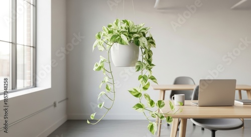 Hanging Pothos plant adds natural decor to a bright, modern office workspace.