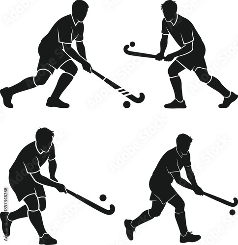 Energetic Field Hockey Player Silhouettes. Dynamic Sport Athletes in Action Poses Collection.