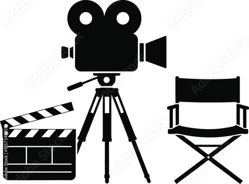 Cinema Production Elements: Film Camera, Clapperboard, Director Chair Silhouettes