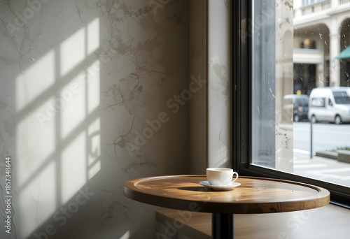 A minimalist café scene with calm tones and natural lighting, evoking solitude, reflection, and simple pleasures.