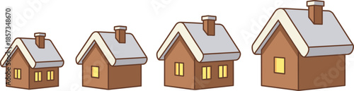 Winter village houses illustration, cozy snowy cottages with warm windows, festive holiday homes collection, flat vector design set, icons, art