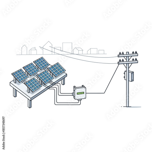 Solar Panel System with Inverter and Grid.