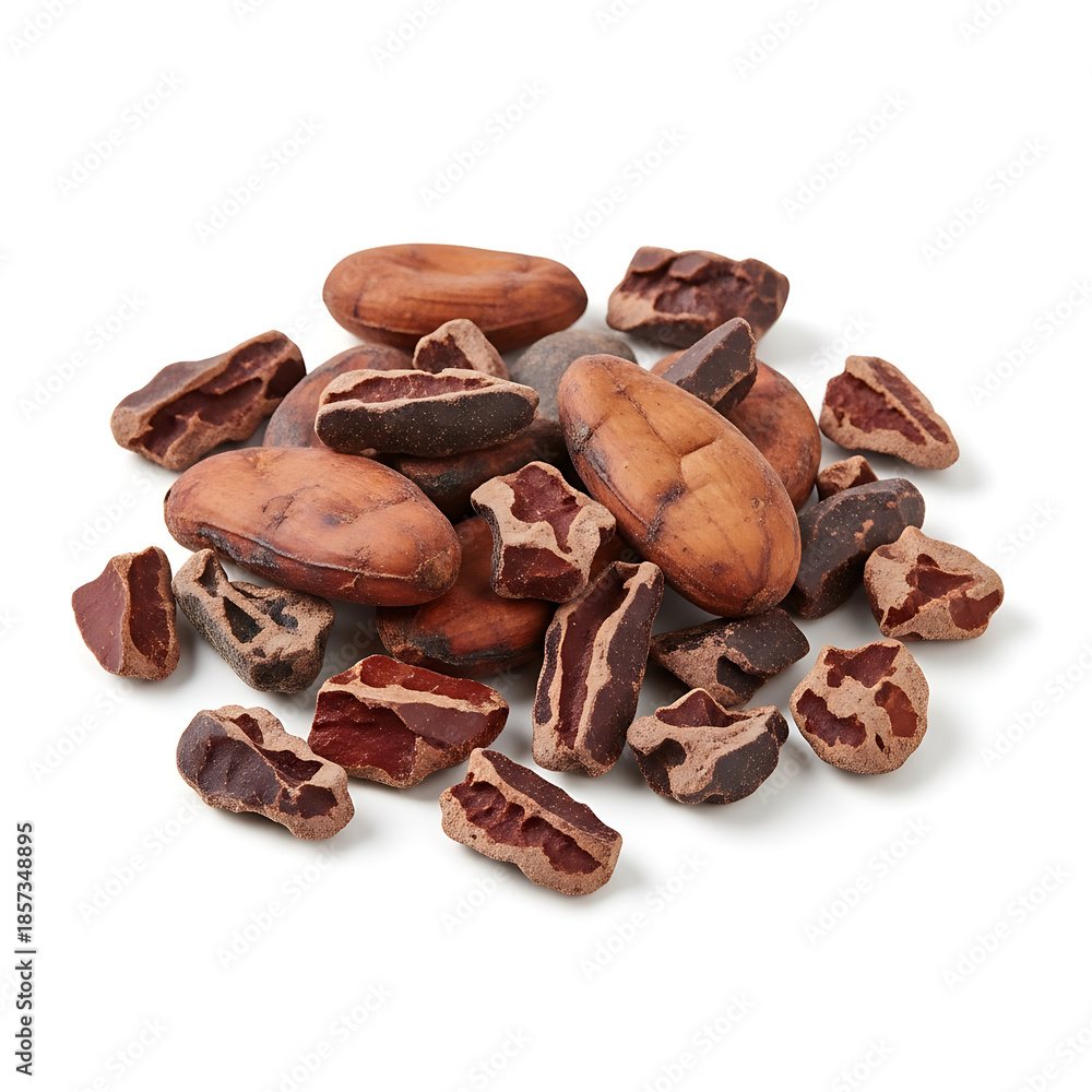 Obraz premium Natural, unroasted cacao beans and fragments, ideal for crafting rich chocolate treats and gourmet desserts