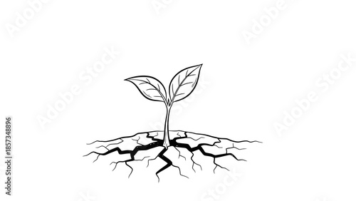 A delicate seedling emerges from cracked, dry earth, symbolizing resilience and the power of new beginnings in nature's enduring cycle