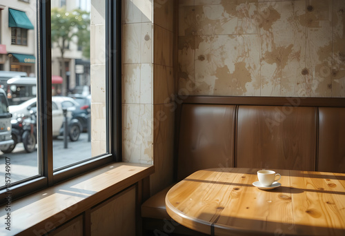 A minimalist café scene with calm tones and natural lighting, evoking solitude, reflection, and simple pleasures.