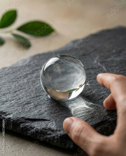 Close-up of a transparent edible water sphere on dark slate with a hand reaching towards it.