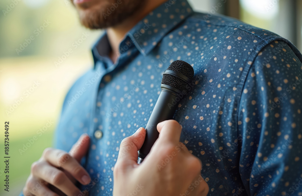 Fototapeta premium Person attaches small black microphone clip to blue shirt collar. Sound technician prepares audio equipment for interview or broadcast. Capturing clear sound for media production.