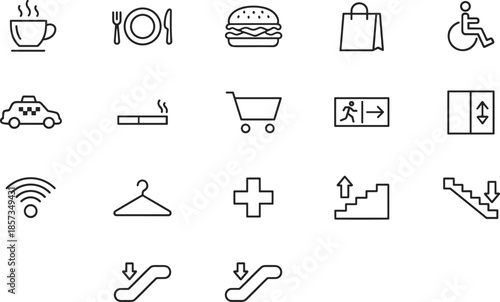 Outline Vector Icon Set Representing Public Wayfinding Commercial Facility Amenities Urban Navigation Accessibility Signage and Essential Service Infrastructure Concepts