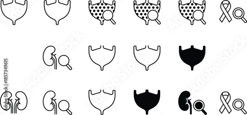 Outline Vector Icon Set Featuring Advanced Urology Diagnostics Kidney Function Nephrology Medical Awareness Ribbons and Internal Human Organ Research