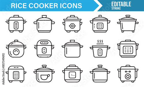 Rice cooker food preparation and cooking line icons