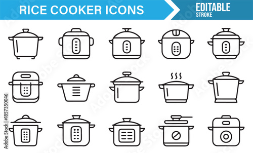 Household rice cooker and food preparation line icon pack