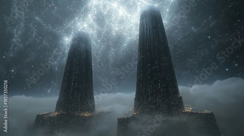 A towering industrial complex, its metallic silhouette stark against a backdrop of inky blackness, pulsated with digital light, its network overlay weaving a mesmerizing tapestry of information 