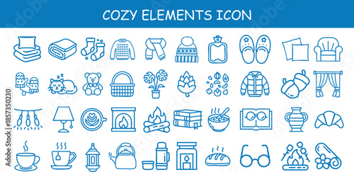 Cozy hygge winter elements icon set with flat vector illustrations of a warm sweater, fireplace, hot cocoa, and festive decoration. Minimalist lifestyle elements for seasonal greetings and home decor.
