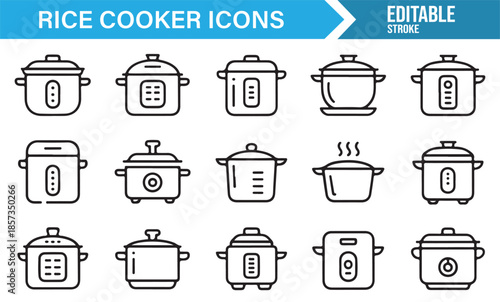 Rice cooker and kitchen appliance line icons set
