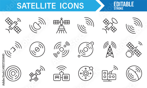 Space signal transmission and satellite outline icons
