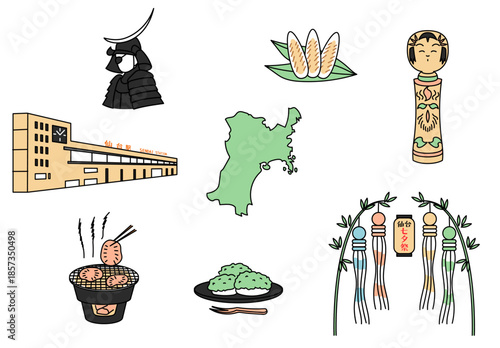 宮城を象徴する名物と観光スポットを一つのセットとしてまとめたイラスト｜笹かまぼこや七夕祭り風景を含む多彩なモチーフを自然なタッチで補足するご当地素材