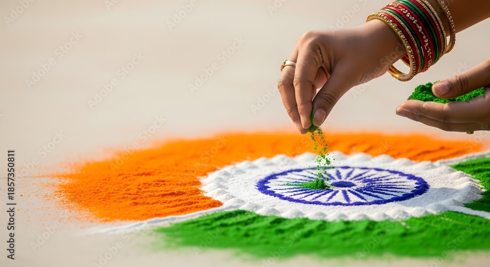 Fototapeta premium Hands creating a tricolor rangoli with the Ashoka Chakra using colored powder, symbolizing Indian patriotism, cultural tradition, creative expression, Republic Day celebration, unity, and national