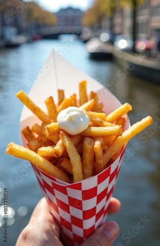 Crispy fried potatoes served in red checkered paper cone with mayonnaise topping. Enjoy this tasty dutch street food snack alongside amsterdam canal. © Viktor