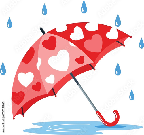 Vibrant red heart-patterned umbrella in rainy weather standing strong