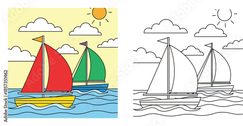 Sailboats on the sea vector illustration with coloring page. Colorful and black and white outline version of ships for kids summer activity book or education.