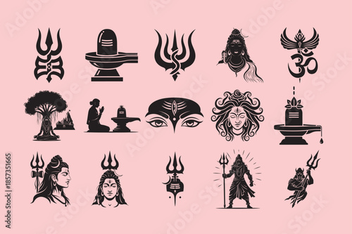  15 Silhouettes vector Iconic symbols of Hinduism
