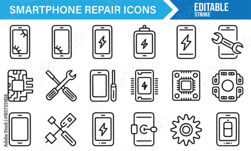 Smartphone service center and maintenance UI line icons
