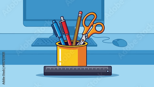 Colorful Desk Stationery on Blue Desk Scene.