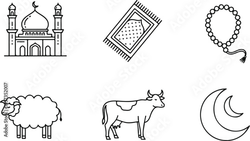 Flat line art illustrations of a mosque, prayer mat, rosary beads, sheep, cow, and crescent moon on a white background.