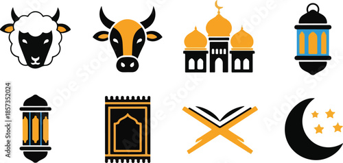 Flat lay of various Islamic icons and symbols on a white background, including a sheep, cow, mosque, lantern, Quran, and crescent moon.