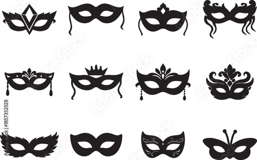 Mardi Gras carnival masquerade mask set black silhouette vector collection