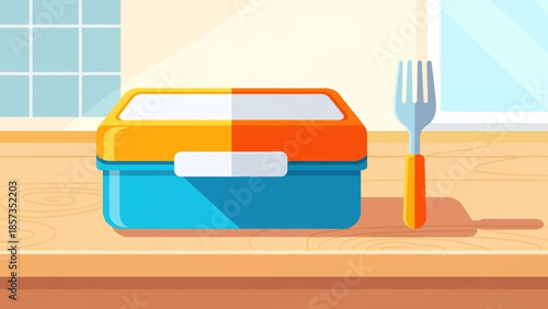 Colorful lunchbox on wooden table with fork.