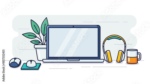 Bright modern workspace with laptop headphones and coffee.