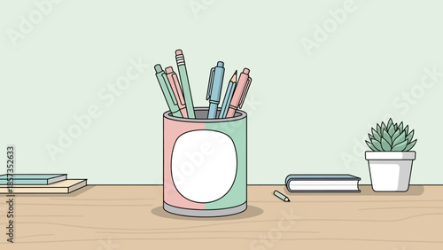 Colorful Desk Stationery Setup with Pencils and Plant.