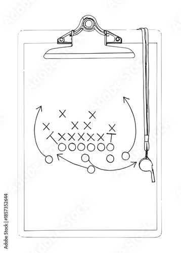 Sports Football Strategy Diagram On Clipboard With Xs And Os, Arrows, Lanyard And Coaching On The Field