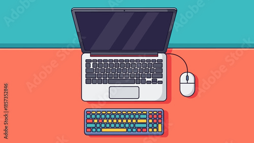 Bright Laptop Setup with Keyboard and Mouse on Colorful Desk.