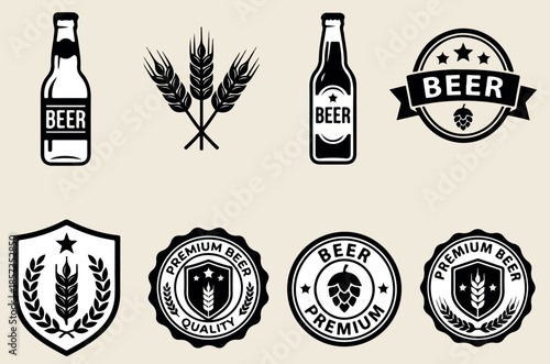 Beer Bottle Brewery Emblems with Wheat and Hops – Vintage Craft Beer Labels and Badges