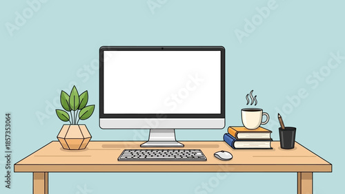 Cozy Desk Workspace with Computer and Plant.