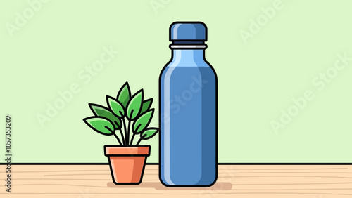 Minimalist plant and blue bottle still life on wooden table.