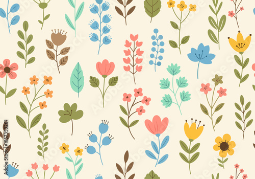 A seamless pattern of watercolor-style flowers and foliage. The flowers are various shades of pink and peach, with a soft, slightly muted color palette. The flowers have a rounded, full blossom shape.