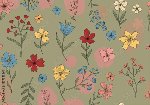 A seamless pattern of watercolor-style flowers and foliage. The flowers are various shades of pink and peach, with a soft, slightly muted color palette. The flowers have a rounded, full blossom shape.