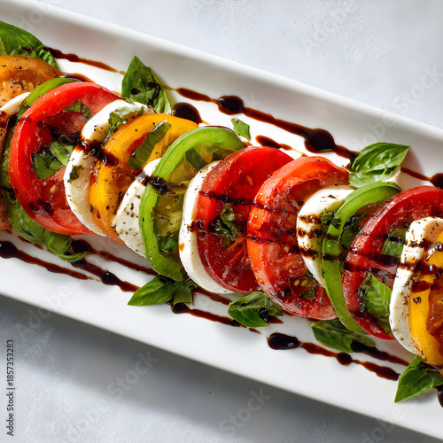 Caprese Salad with Multicolor Tomatoes, Mozzarella, Basil and Balsamic Glaze