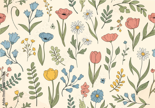 A beautifully detailed seamless pattern featuring hand-drawn birds, flowers, leaves, and berries in an embroidered 