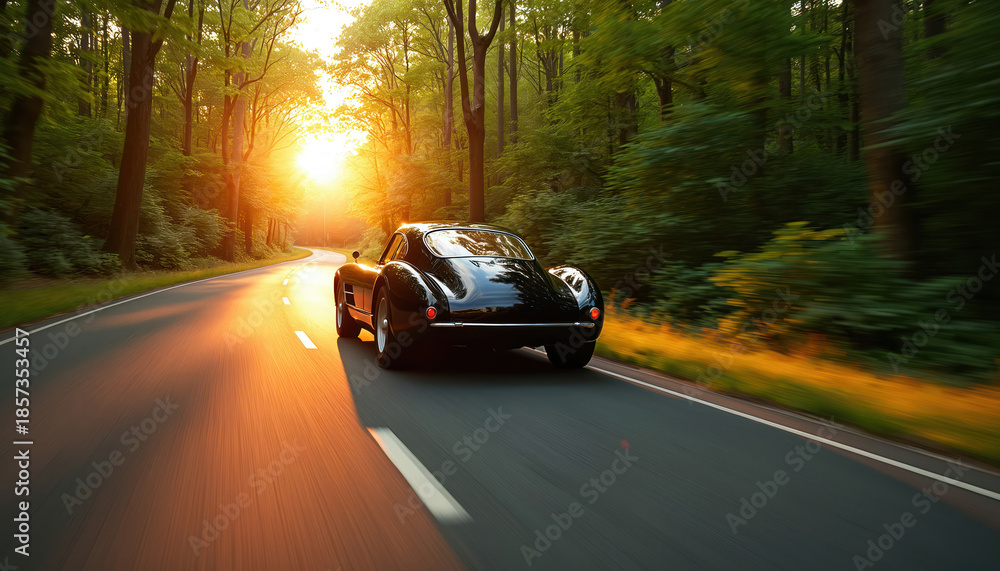Fototapeta premium Black classic car drives on forest road at sunset. Sun rays shine through green trees on asphalt path. Motion blur effect suggests fast travel.