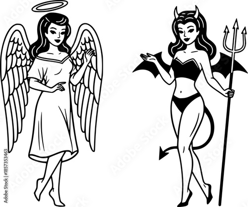 Retro Pin Up Devil Girl Vector Black And White Illustration