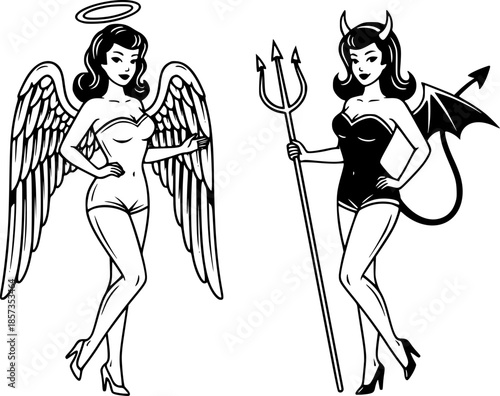 Retro Pin Up Devil Girl Vector Black And White Illustration