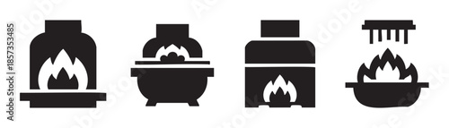 Fire cooking icons set illustrates various methods of preparing food with open flames and heat, ideal for culinary designs, outdoor activities, and kitchen appliance representations.