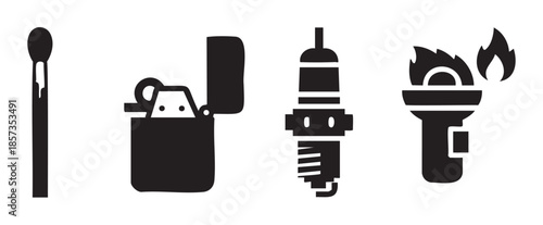 Matchstick, lighter, spark plug, and torch icons representing various methods of ignition and fire starting in a simple black and white graphic style.