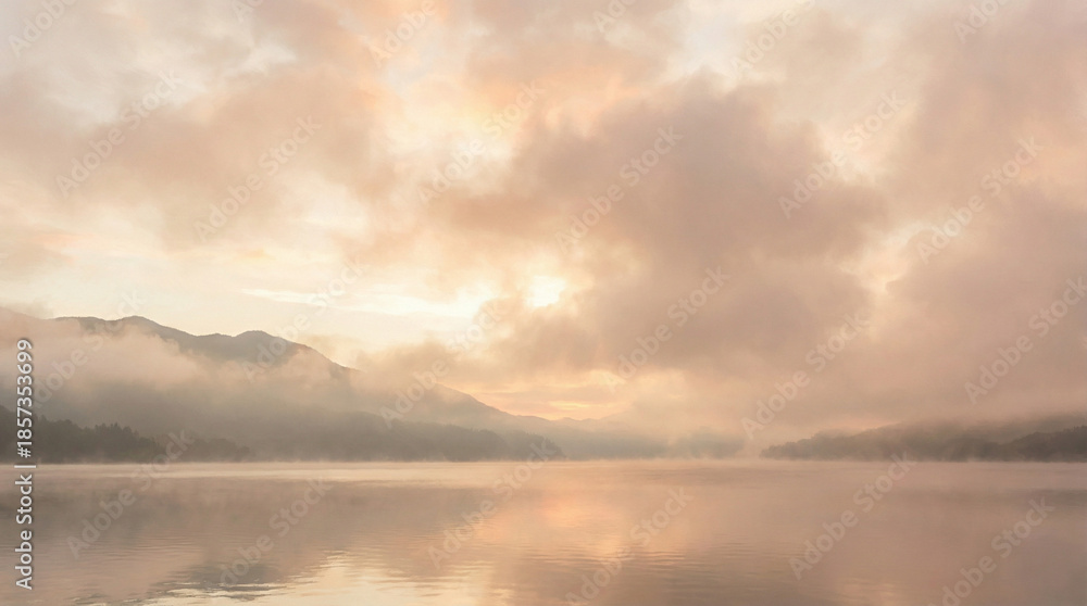 Naklejka premium Peaceful misty lake landscape with mountains at sunrise, calm water reflection and foggy atmosphere, scenic nature background