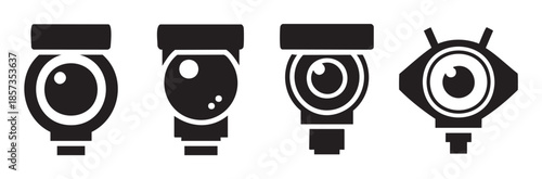 Webcam camera security surveillance icons set in a modern minimalist black and white vector illustration style for digital media applications.